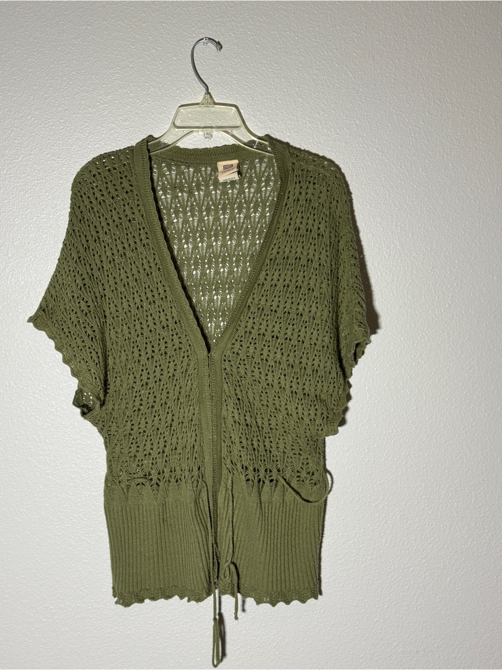 Faded Glory Olive Openwork Short-Sleeve Knit Cardigan